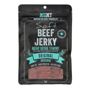 a close up image of a black package of MHMT beef jerky in original