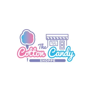 cotton candy shoppe logo featuring a script font and an illustration of a cotton candy cone and a building