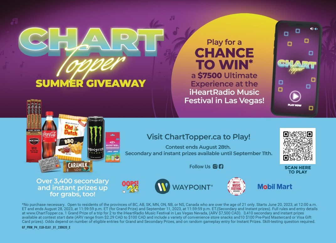 Chart Topper contest promotional image describing a chance to win instant prizes daily as well as the ultimate experience at the iHeart Radio music festival