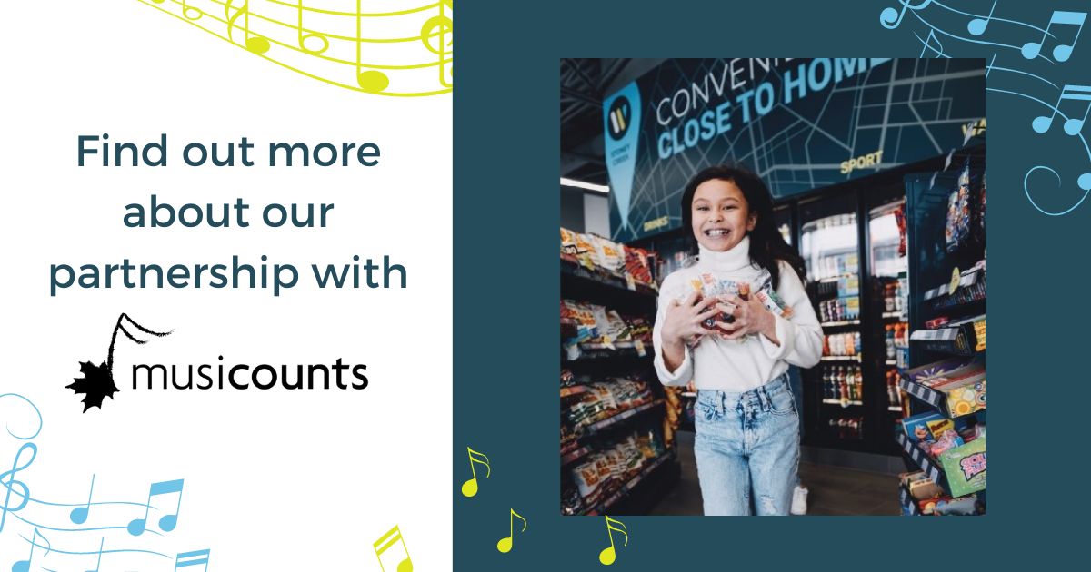 Image of tween in a Waypoint Convenience location with a caption to find out more about the Musicounts partnership