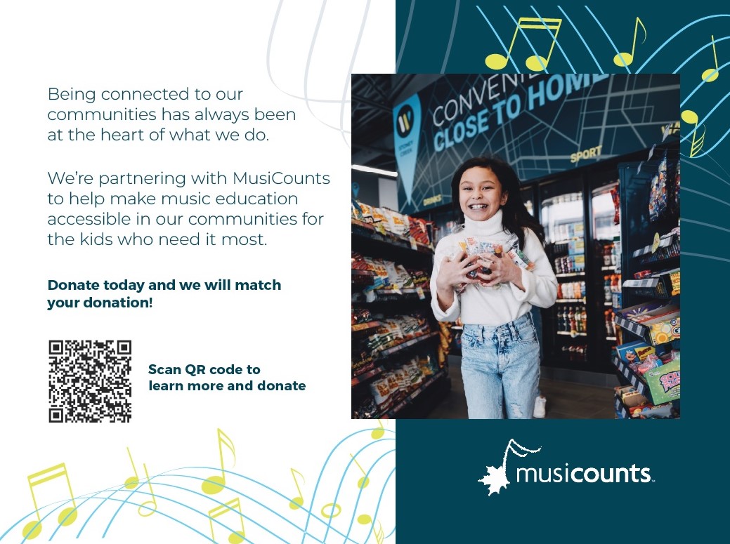 Postcard describing the Musicounts partnership and donation matching program