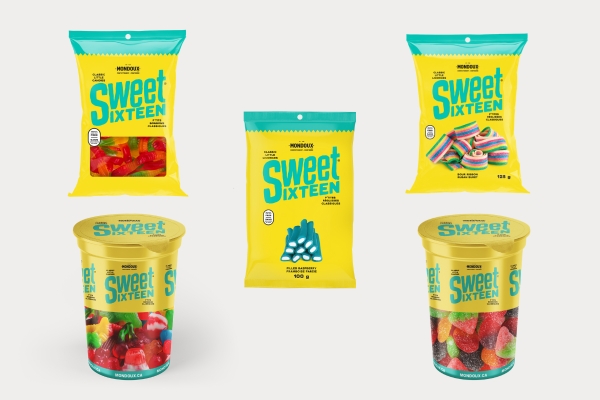 Mondoux confectionary packages on plain grey background