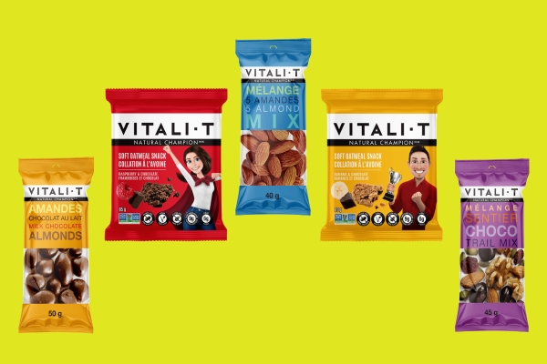 Packages of Vitali-T snacks on chartreuse background