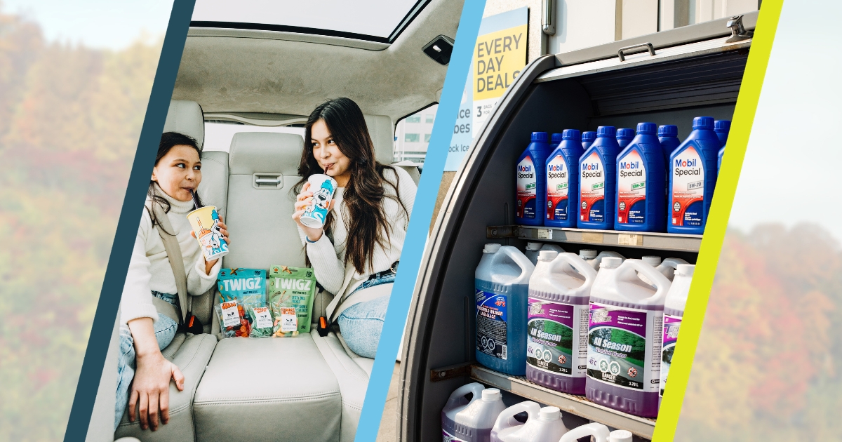 Split image - blurred background showcasing leaves changing colours + two young sisters in the backseat of a vehicle + outdoor shelves with wiper fluid and other vehicle supplies