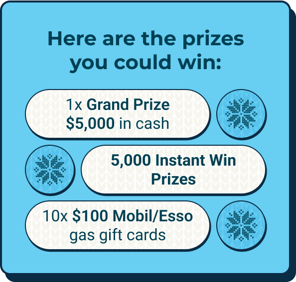 Here are the prizes you could win: 1x Grand Prize $5,000 in cash, 5,000 Instant Win Prizes, 10x $100 Mobil/Esso gas gift cards